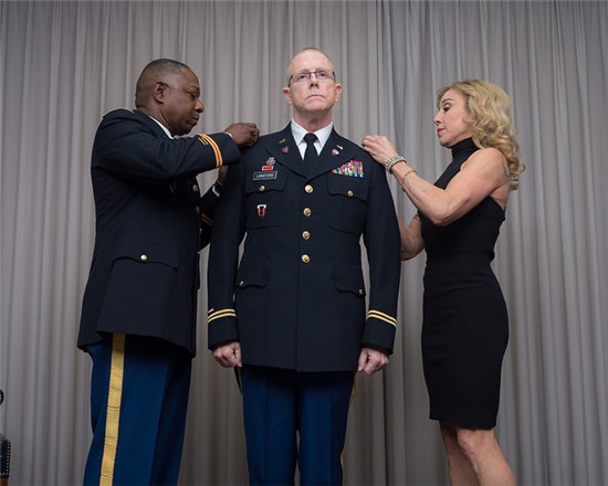 After 37 years of service, Langford was promoted to the rank of Chief Warrant Officer 5, the highest rank in the Warrant Officer Corps, in a ceremony at Camp Mabry in Austin, Texas, Dec. 5, 2015