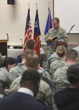Courtesy Photo Chaplain Brig. Gen. Steve Chisolm, Air National Guard Assistant to the U.S. Air Force Chief of Chaplains, preaches to Texas Air National Guardsmen and their families during a chapel service held at the 136th Airlift Wing headquarters, Nov. 15, 2015, Naval Air Station Joint Reserve Base Fort Worth, Texas. Chisolm began his career as an Air Force chaplain at the 136th Airlift Wing where he helped build one of the largest chapel programs in the Air National Guard. (U.S. Air National Guard photo by Senior Airman Seth Holderby/Released)