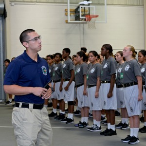 Trey Rocha, Texas ChalleNGe Academy-East commandant, speaks to TCA-E candidates in formation at the TCA-E campus in Eagle Lake, Texas, July 18, 2016. TCA is a Department of Defense program through the Texas National Guard's Joint Counterdrug Taskforce. (Air National Guard photo by 1st Lt. Alicia Lacy)