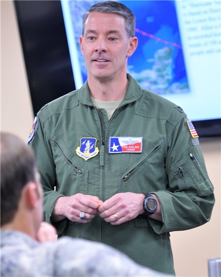Col. Thomas M. Suelzer, director of operations for Headquarters, Texas Air National Guard, addresses those assigned to the organization’s air operations center at Camp Mabry, in Austin, Texas, June 7, 2016. The center was stood up to coordinate air assets participating in an aerial evacuation exercise being managed by the Texas Division of Emergency Management, a component of the Texas Department of Public Safety. (U.S. Air National Guard photo by 2nd Lt. Phil Fountain)