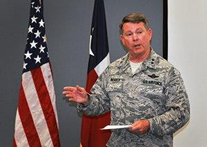 Maj. Gen. John F. Nichols, the adjutant general of Texas, addresses members of the Air National Guard Strategic Planning System Central Region during a meeting at Naval Air Station Fort Worth Joint Reserve Base, Texas, April 4, 2016. Nichols, a gubernatorial appointee, is the senior National Guard officer in Texas. (U.S. Air National Guard photo by 2nd Lt. Phil Fountain)