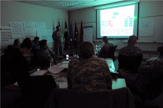 Texas Military Forces, Col. Patrick Hamilton addresses key military and civilian leaders at the JJ Pickle Research Campus, in Austin, Texas, Thursday, April 7. 