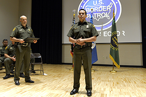 Sgt. Josue Gonzalez, border patrol agent and traditional guardsman with the 836th Engineer Company, Texas National Guard was awarded the Law Enforcement Congressional Badge of Bravery for his actions during a ceremony on Oct. 5, 2016, in Laredo, Texas. Gonzalez recognized for their actions in saving an illegal immigrant from rapid currents during a 2014 Rio Grande River border crossing. (U.S. Army National Guard photo by Sgt. Elizabeth Pena)