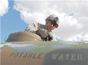 Guardsmen for 3rd battalion, 133 Field Artillery regiment use water buffalos to deliver drinking water to more than 1,400 correctional officers, staff and inmate at the Rogelio Sanchez State Jail in El Paso, Texas, Aug. 11, 2016.   After a main water break at the jail, administrators reached out to the unit to provide potable water to the site until water was restored to the facility.