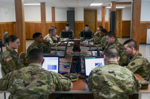 Pennsylvania Army National Guard cyber team members monitor computer networks during elections in the state Nov. 5, 2019. Cyber teams from throughout the National Guard have remained a key part of cyber defense, said Guard officials, and have responded to ransomware attacks in Texas and Louisiana and worked in direct support of U.S. Cyber Command. (Photo Credit: Staff Sgt. Zane Craig)