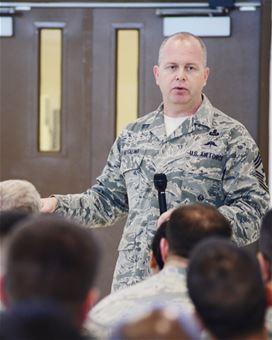 Command Chief Master Sergeant of the Air National Guard James W. Hotaling spent time talking with 147th Reconnaissance Wing enlisted members at Ellington Field JRB in Houston, January 30, 2016. Hotaling talked about commitment to the profession of arms, health of the force, recognizing our accomplishments and finished the enlisted all call by answering questions from the airmen.