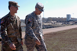 Brigade General John E. Novales II, Deputy Commanding General of the 101st  Airborne (Air Assault) Division, Fort Campbell, Kentucky, visits Texas Army National Guards' 136th MEB during the Warfighter exercise on November 10, 2015. (Photo by U.S. Army National Guard Sgt. Elizabeth Pena/Released)