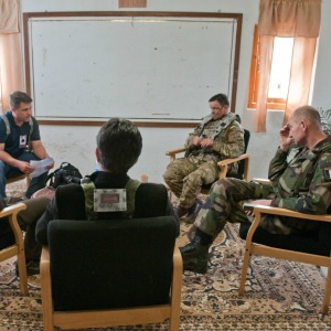 Photo By Sgt. Praxedis Pineda | Sgt. Michael Giles, with the 100th Mobile Public Affairs Detachment, interviews French Army Brigadier Gen. Eric des Minieres and British Army Col. Graham Livingston, commander and deputy commander of the Airborne Combined Joint Expeditionary Force, during Exercise Swift Response 16 at U.S. Army Garrison Hohenfels, Germany, June 21, 2016. The 100th Mobile Public Affairs Detachment from Austin, Texas, participated in Exercise Swift Response 16 at the Joint Multinational Readiness Center at U.S. Army Garrison Hohenfels, Germany, June 5 to June 26, 2016. The 100th MPAD's participation contributed public affairs assets to the JMRC public affairs mission as well as added training value to training units to enable them to rehearse their responses to the press. (U.S. Army National Guard Photo by Sgt. Michael Giles/Released)