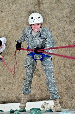 PFC Rachel Carmickle, 4th Civil Affairs Regiment, rappels from a climbing tower at the Tarleton Challenge Course during the joint exercise of the 4th and 19th Civil Affairs Regiments at Tarleton State University in Stephenville, Texas, on January 11-13, 2013.Photo by PFC Ryan Stephens, TXSG