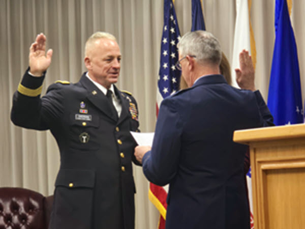 Maj. Gen. Thomas Suelzer, Texas Adjutant General, delivers the Oath of Office to the new Commander of the Texas State Guard, Maj. Gen. Roger O. Sheridan of Bryan, Texas, in a ceremony at Camp Mabry (Austin), February 23, 2025. 