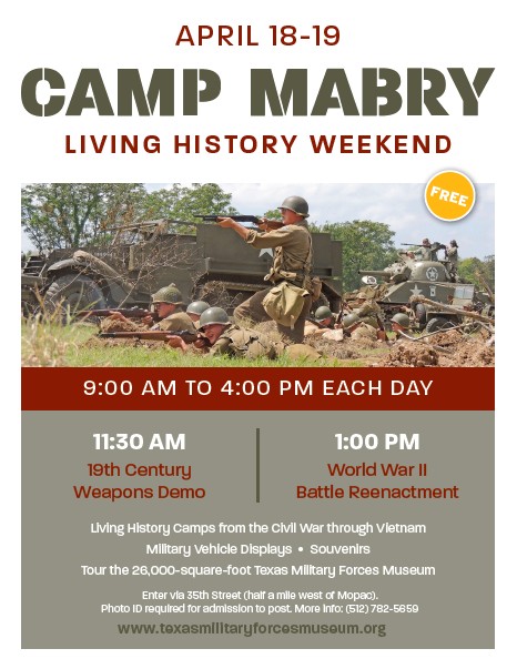Living History Weekend April 18-19 9:00 to 16:00 each day.